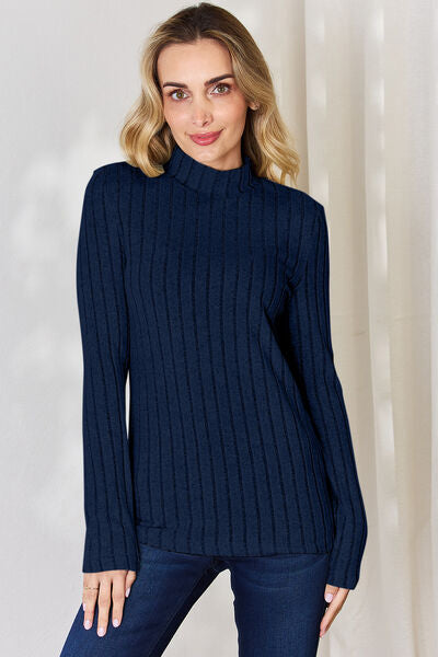 Elegant Full Size Ribbed Mock Neck Long Sleeve T-Shirt - Comfort Stretch