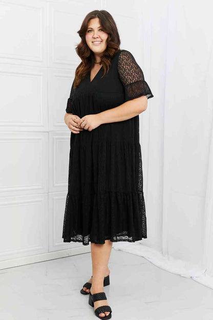 Women Casual Midi Flounce Lace Sleeves Midi Dress See Through Full Size Tiered - Black