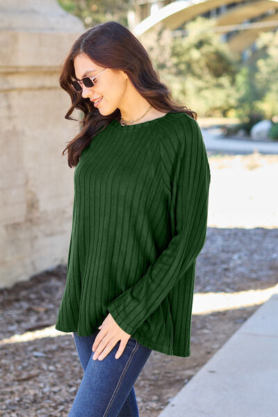 Women Full Size Ribbed Round Neck Long Sleeve Knit Top - Burgundy, Navy, Green, Pastel Yellow