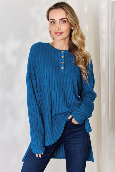 Full Size Ribbed Half Button Long Sleeve High-Low Women T-Shirt