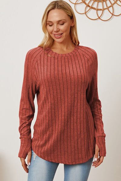 Women Full Size Ribbed Top Thumbhole Long Sleeve T-Shirt - Blue, Pink, Red, Teal, Navy