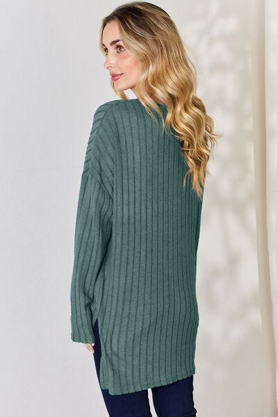 Full Size Ribbed Half Button Long Sleeve High-Low Women Top