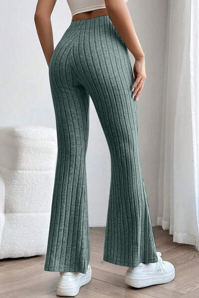 Sleek Full Size Ribbed High Waist Flare Pants - Polyester Elastane Blend