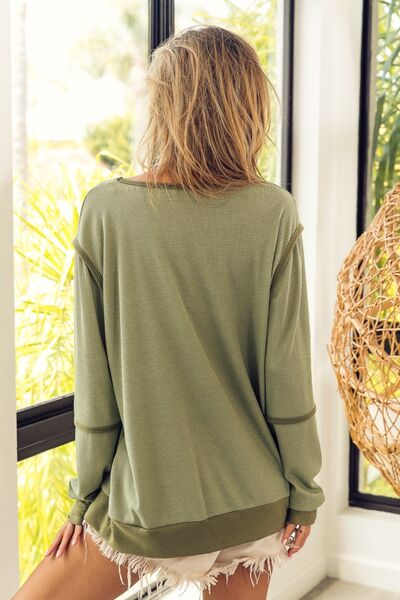 Waffle Knit Contrast Trim Long Sleeve Women T-Shirt