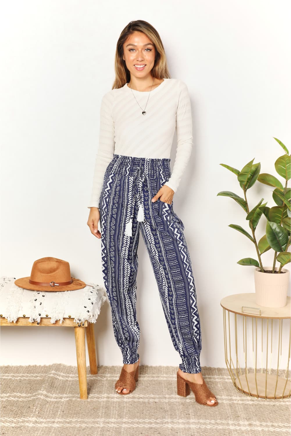 Double Take Geometric Print Tassel High-Rise Pants