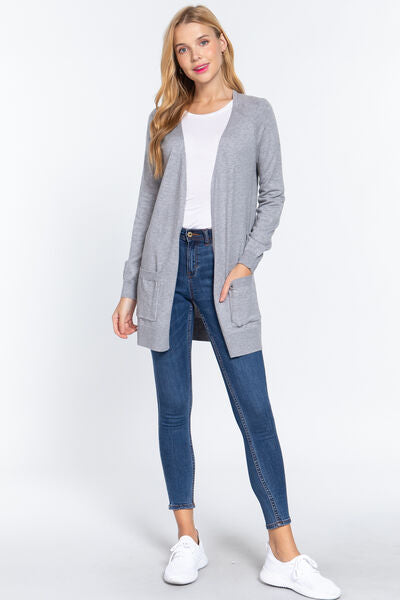 Women Open Front Stretchy Long Sleeve Grey Cardigan