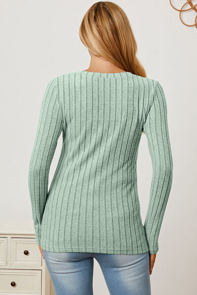 Women Full Size Ribbed V-Neck Casual Long Sleeve T-Shirt - Gum Leaf, Teal, Navy, Green, Pink