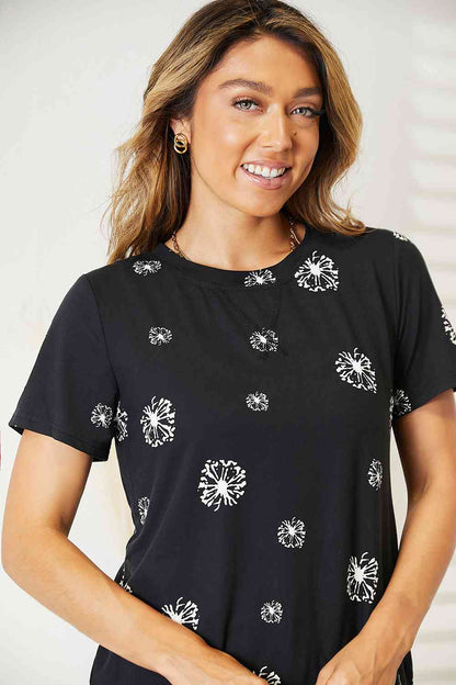 Dandelion Print T-shirt for Women Round Neck Black Top