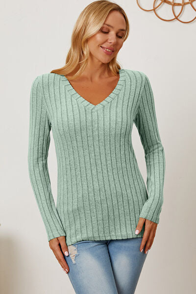 Women Full Size Ribbed V-Neck Casual Long Sleeve T-Shirt - Gum Leaf, Teal, Navy, Green, Pink