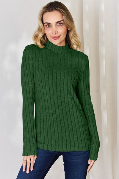 Elegant Full Size Ribbed Mock Neck Long Sleeve T-Shirt - Comfort Stretch