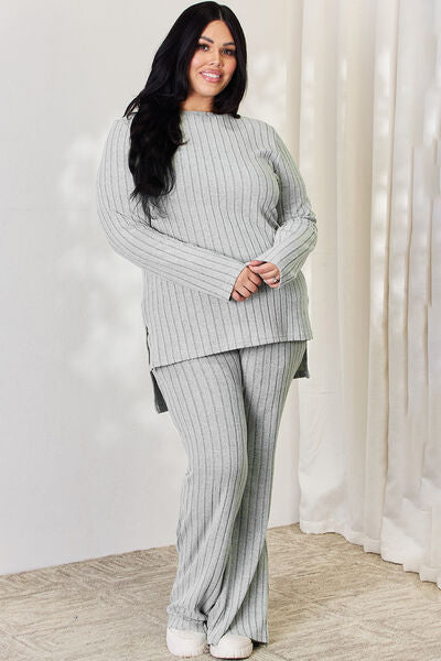 Full Size Ribbed High-Low Women Top and Wide Leg Pants Set