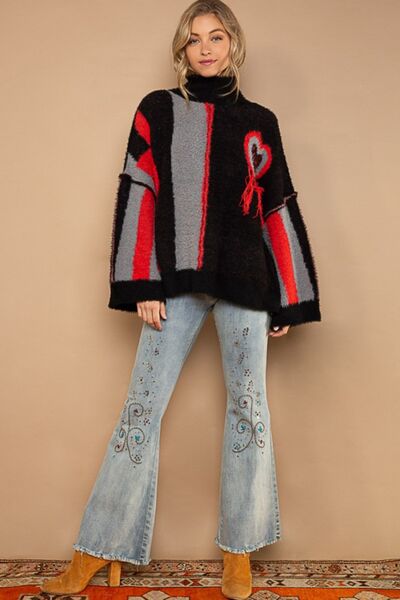 Turtleneck Color Block Fringe Detail Black Grey Red Sweater Women