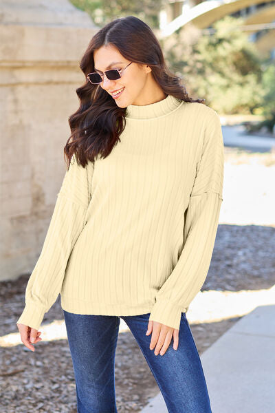 Full Size Ribbed Exposed Seam Mock Neck Knit Women Top