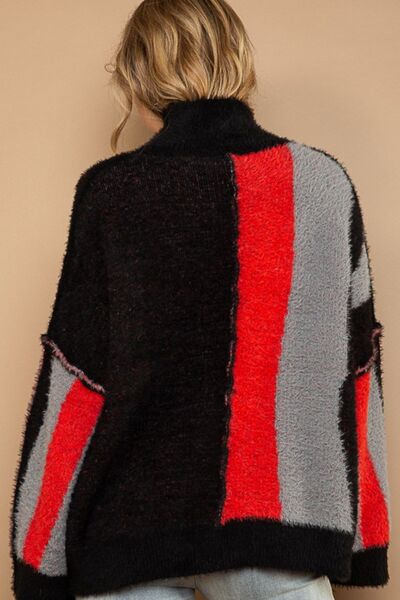 Turtleneck Color Block Fringe Detail Black Grey Red Sweater Women