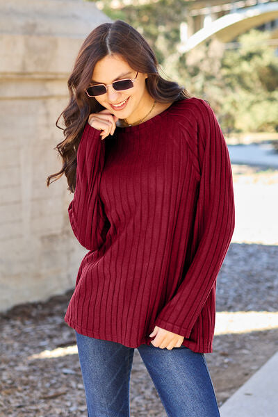 Women Full Size Ribbed Round Neck Long Sleeve Knit Top - Burgundy, Navy, Green, Pastel Yellow