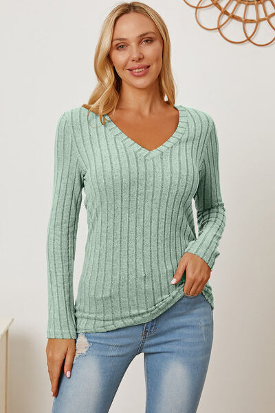 Women Full Size Ribbed V-Neck Casual Long Sleeve T-Shirt - Gum Leaf, Teal, Navy, Green, Pink