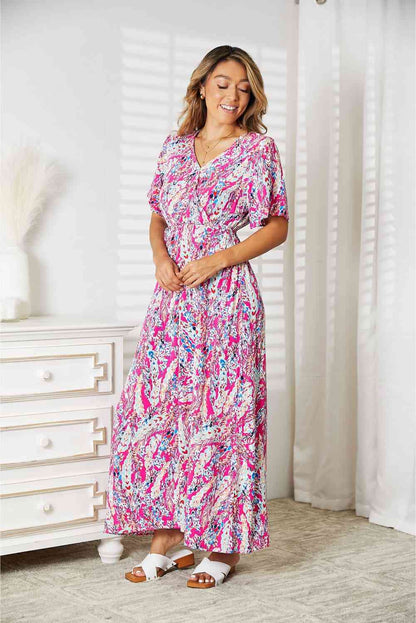 Double Take Multicolored Short Sleeves V-Neck Women Maxi Dress -  Pink