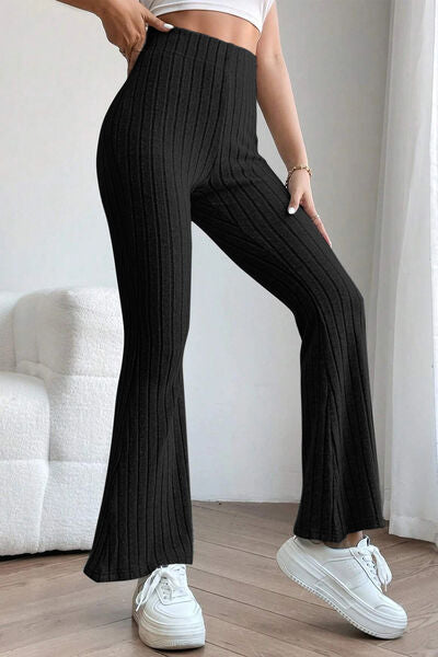 Sleek Full Size Ribbed High Waist Flare Pants - Polyester Elastane Blend