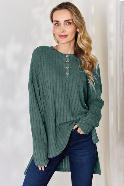 Full Size Ribbed Half Button Long Sleeve High-Low Women Top