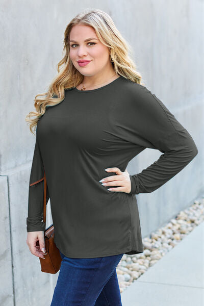 Full Size Round Neck Dropped Shoulder Long Sleeve Women T-Shirt - Green, Blue, Black, Charcoal