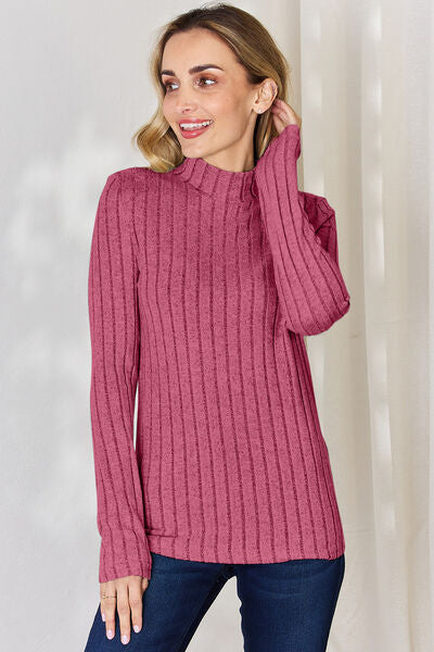 Elegant Full Size Ribbed Mock Neck Long Sleeve T-Shirt - Comfort Stretch