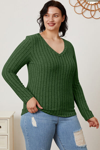 Women Full Size Ribbed V-Neck Casual Long Sleeve T-Shirt - Gum Leaf, Teal, Navy, Green, Pink