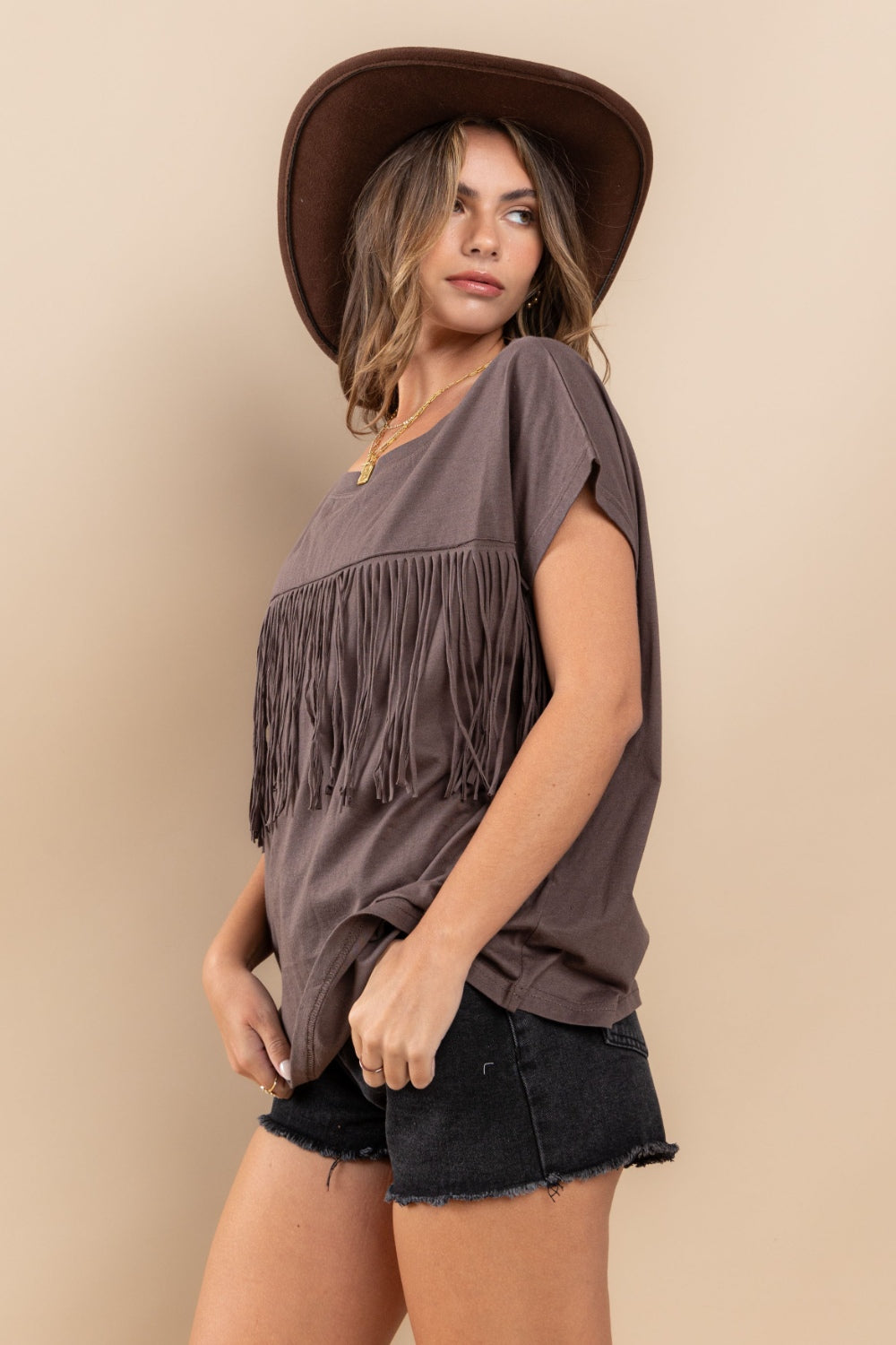 Ces Femme Fringe Detail Round Neck Short Sleeve Top