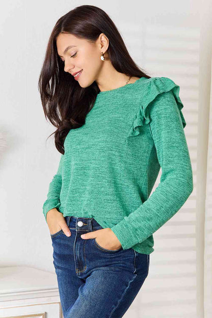 Women Double Take Ruffle Shoulder Long Sleeve Mauve and Green T-Shirt