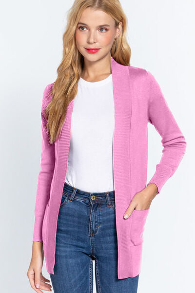 Women Ribbed Trim Stretchy Open Front Pocketed Pink Cardigan