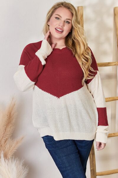 Hailey & Co Full Size Color Block Dropped Shoulder Knit Top