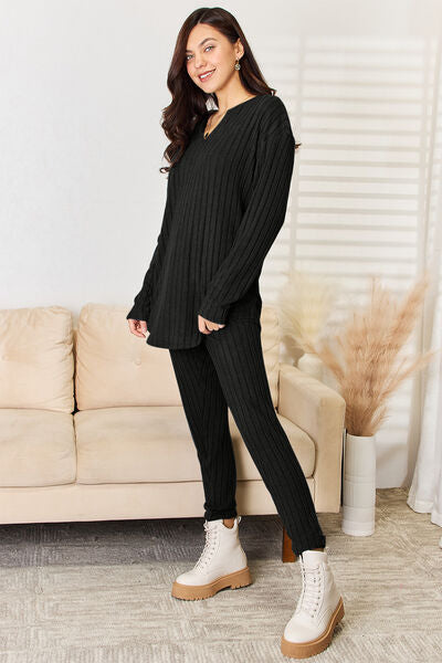 Full Size Women Notched Long Sleeve Black and Red Top and Pants Set