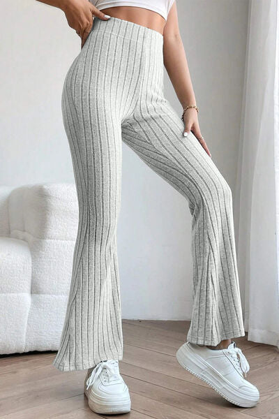 Sleek Full Size Ribbed High Waist Flare Pants - Polyester Elastane Blend