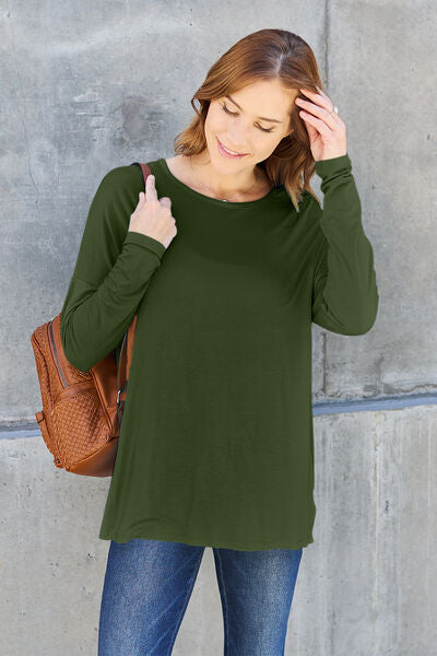 Full Size Round Neck Dropped Shoulder Long Sleeve Women T-Shirt - Green