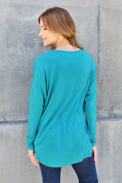 Full Size Round Neck Dropped Shoulder Long Sleeve Women T-Shirt - Green, Blue, Black, Charcoal