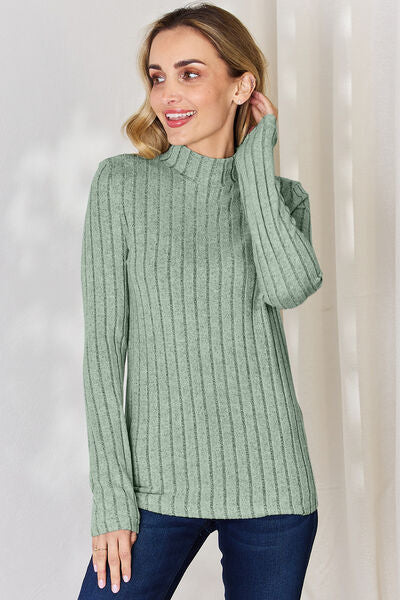 Elegant Full Size Ribbed Mock Neck Long Sleeve T-Shirt - Comfort Stretch